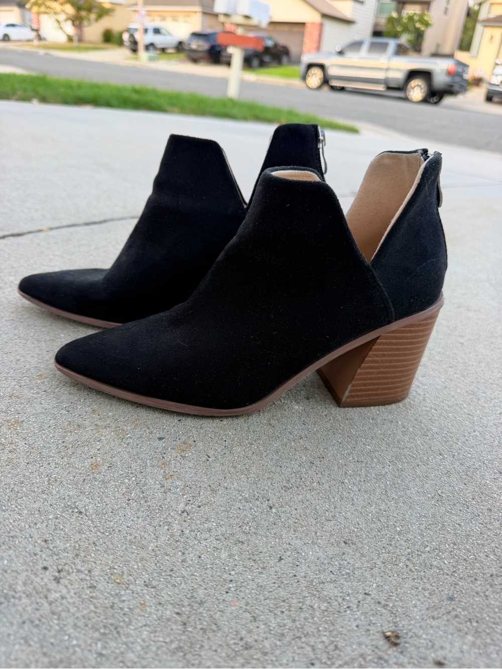 Women's Black Suede V-Cut Ankle Booties with Stacked Heel